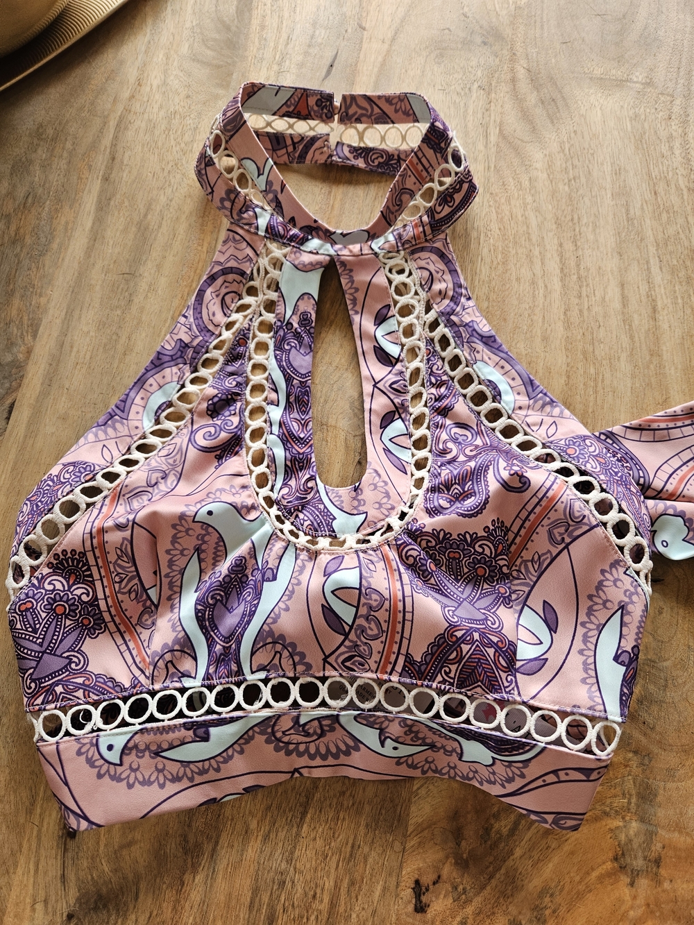L'ATISTE Pink Paisley Halter Crop Top with Purple Accents
